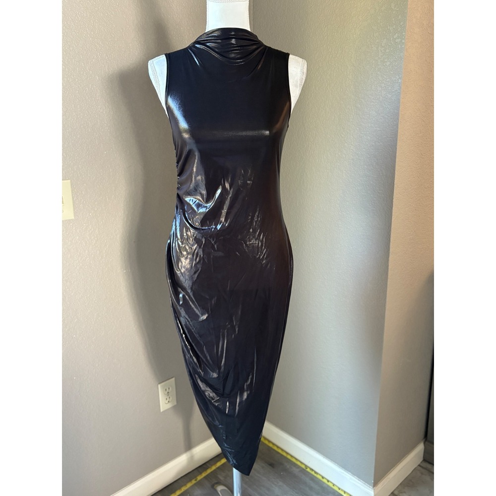 Cider Womens Black Metallic Ruched Asymmetrical Mock Neck Bodycon Dress Medium